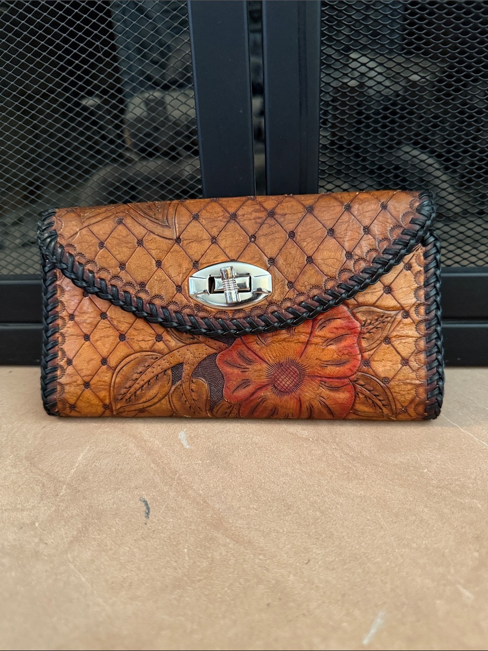 VTG Unbranded Handcrafted Tooled Leather? Floral Clutch Wallet Brown Rose Floral